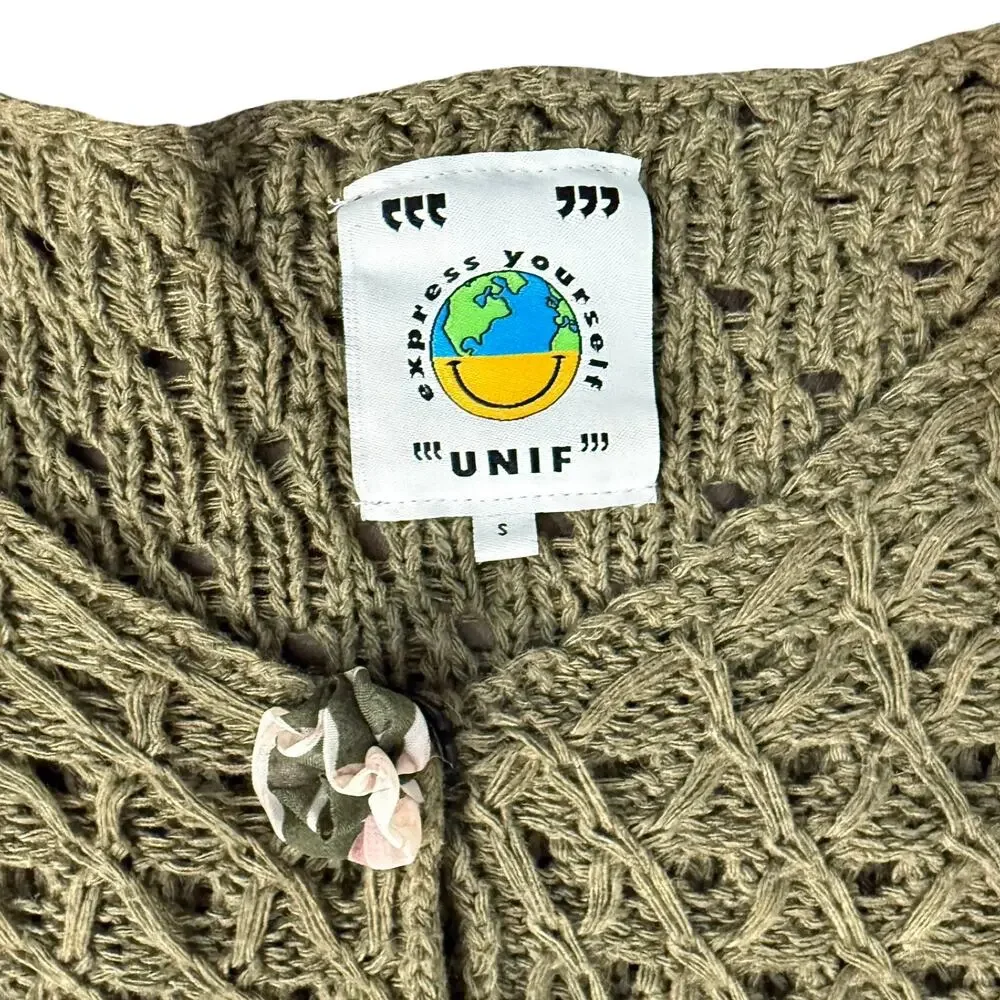 UNIF Olive Green Crochet Open Knit Rose Flower Snap Front Cardigan Sweater sz S - Picture 3 of 11